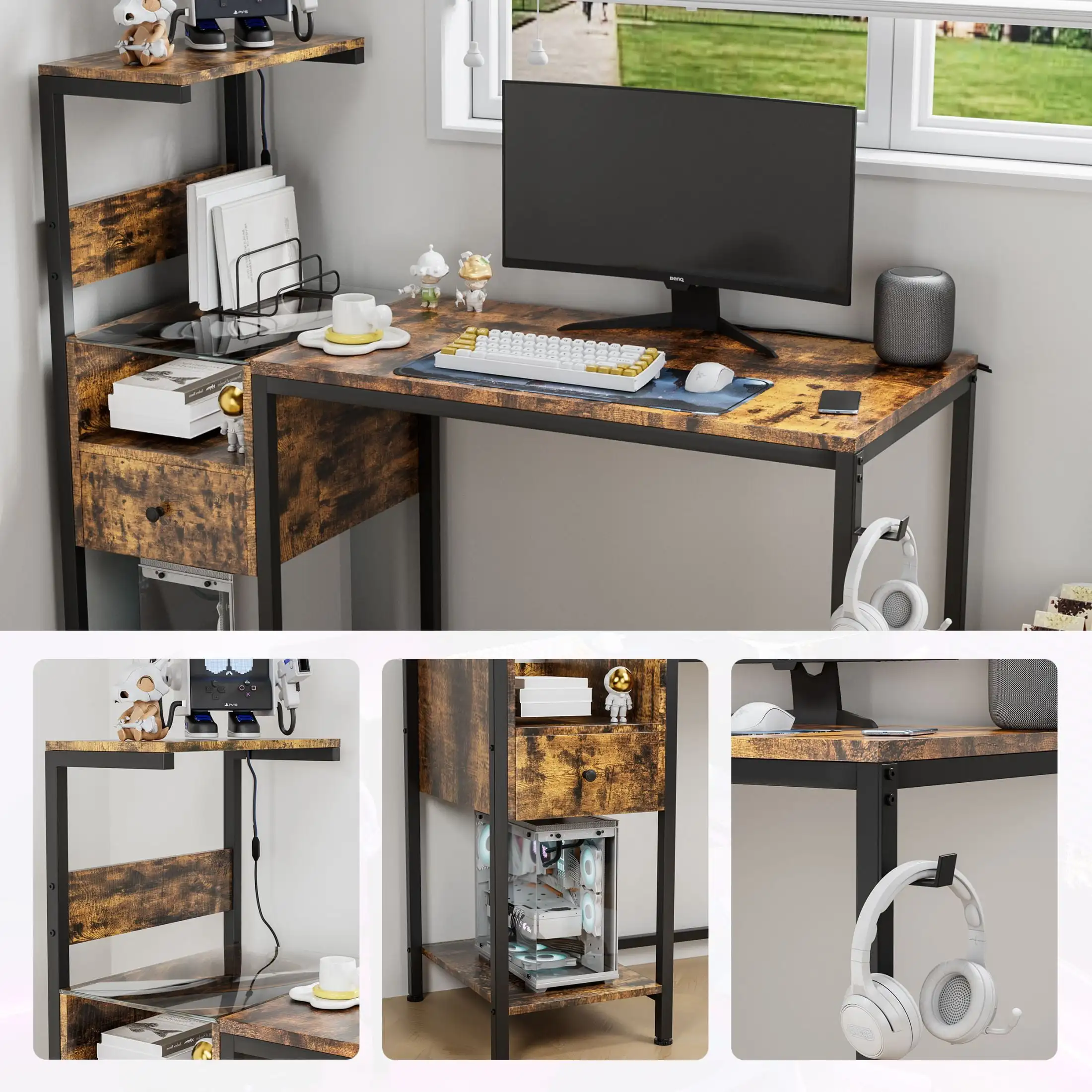 Computer Desk with LED Lights, Gaming Desk with Reversible Shelves and Charging Station, Rustic Brown 5