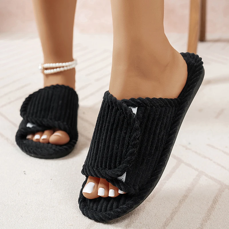 Simple Flat Heel Home Slippers Women Corduroy Open Toe Indoor Bedroom Slides Woman Comfortable Lightweight Non Slip House Shoes