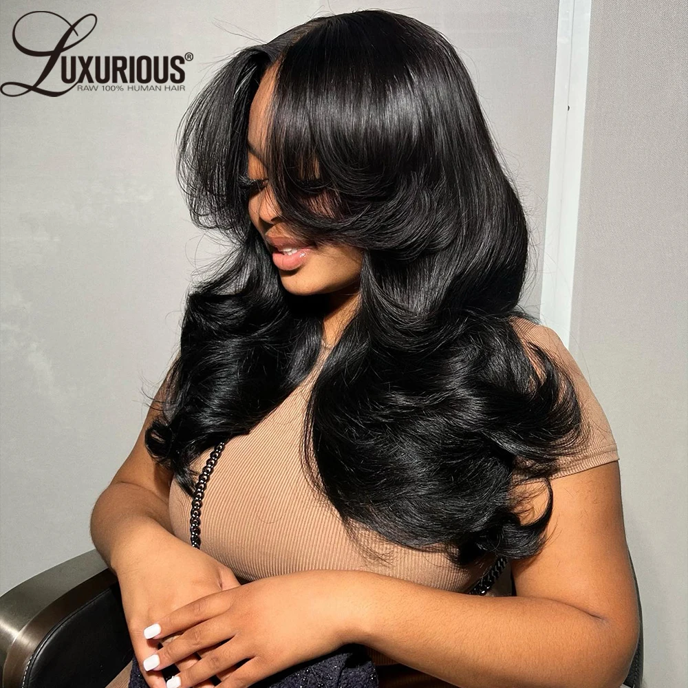 Glueless 360 Lace Wig Human Hair Blow-out Layered Human Hair Wig Natural Black Color Wear And Go Preplucked 250%