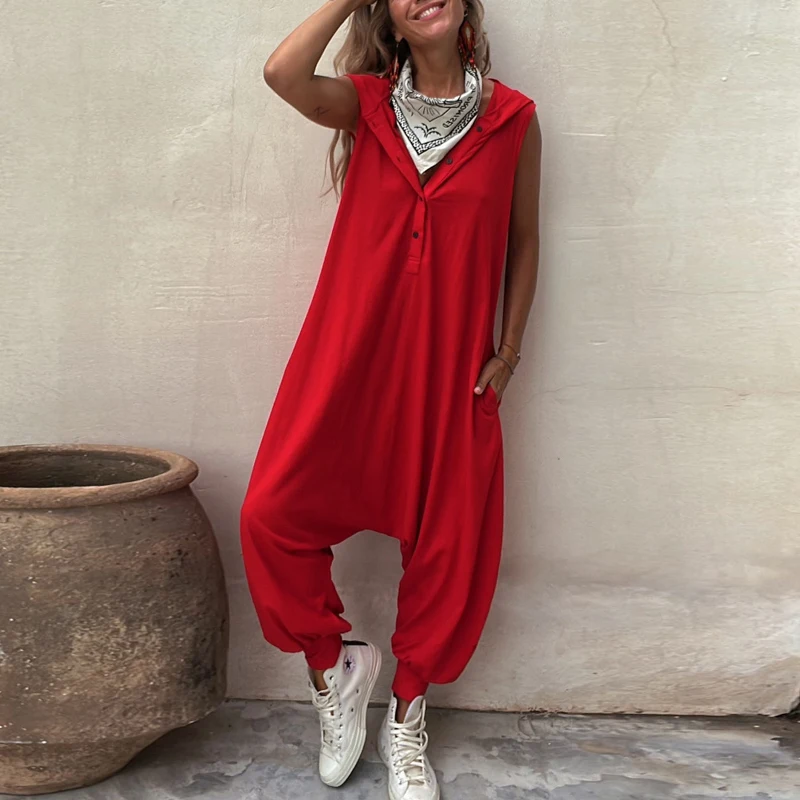 

New Casual V-neck Button Hooded Romper Summer Sleeveless Solid Color Loose Jumpsuit Fashion High Street Pockets Loose Streetwear