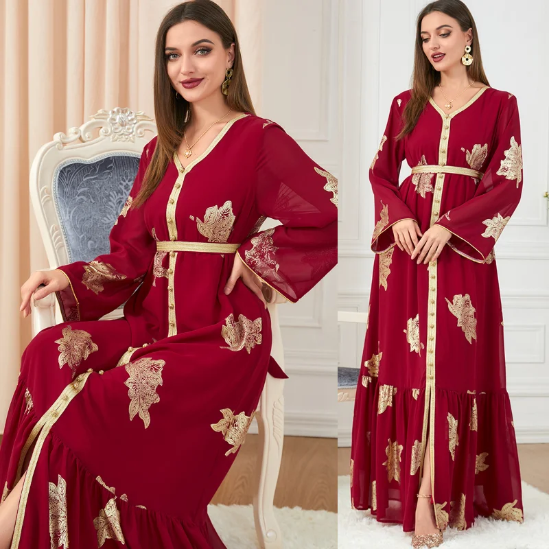 2023 Muslim Abayat Dress Fashion Long Sleeve Gold Plated Chiffon Dress Robe Femme Musulman Europe and America muslim woman Dress
