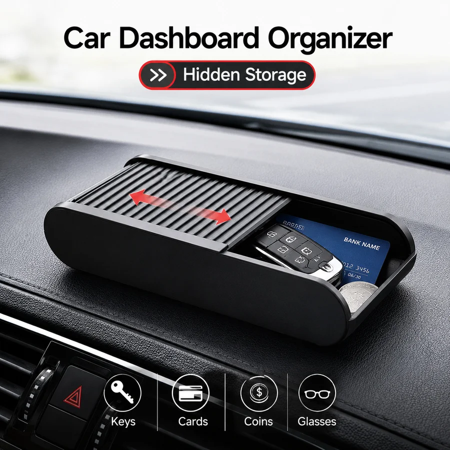 Scatola portaoggetti per console centrale auto con coperchio scorrevole, organizer per cruscotto per occhiali, monete, carte e chiavi