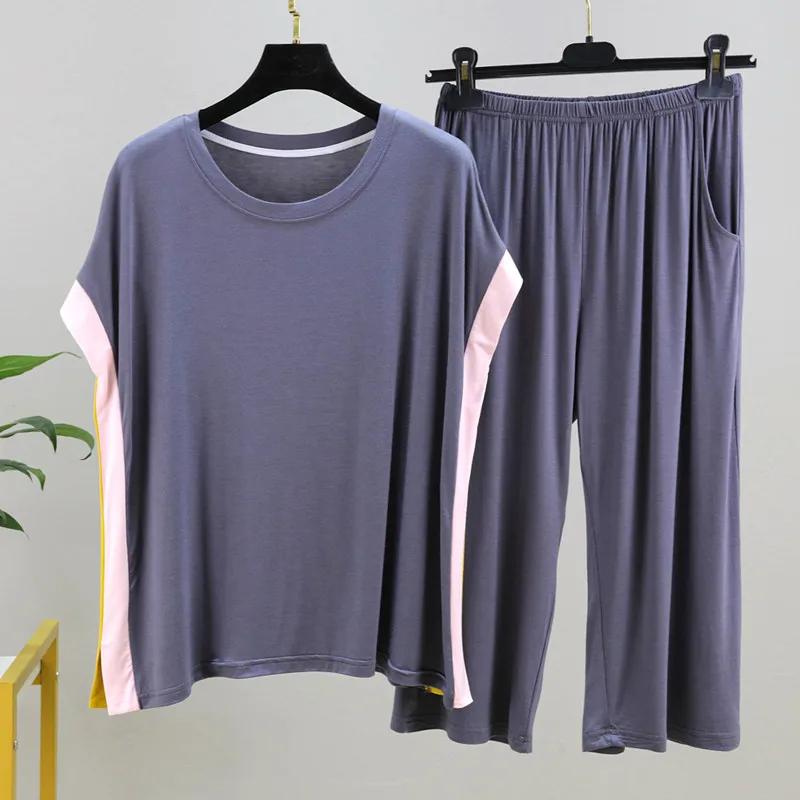 Casual Short Sleeve Cropped Pant Suit Summer Loose Home Clothes For Women Nightwear Pajamas Set Matching Color Sleepwear Pijamas