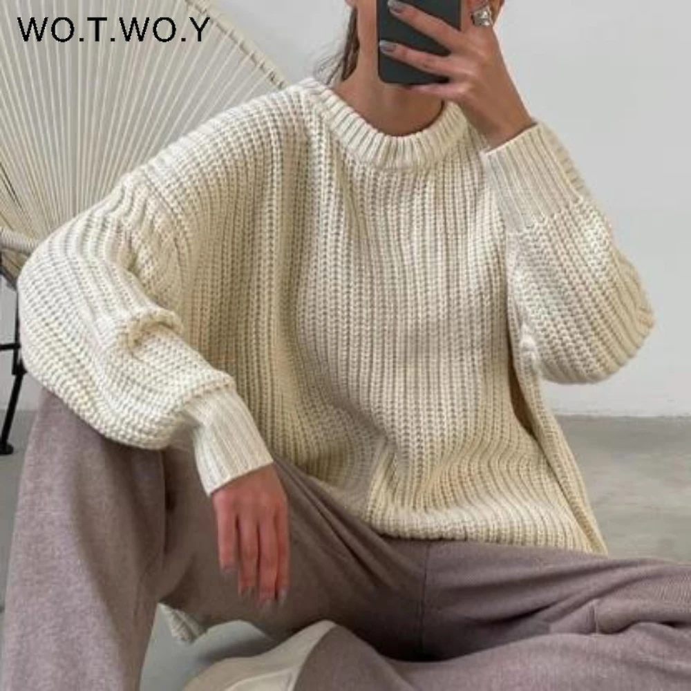 

WOTWOY Casual Oversize Knitted Warm Sweaters Women Winter Long Sleeve Y2k Tops Thicken Pullover Female Korean Fashion Jumpers