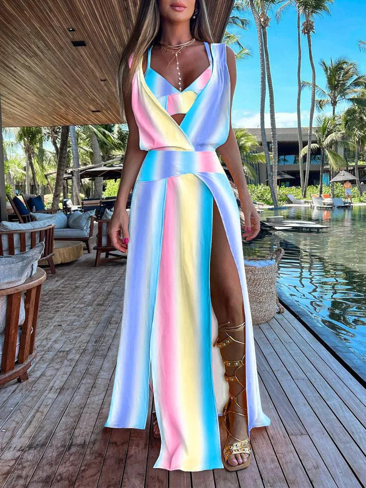 

New Matching Set Women Summer Sexy Beach Style Bra Maxi Dress 2PCS Outfit Loungewear Deep V-Neck Printed Streetwear Dropshipping