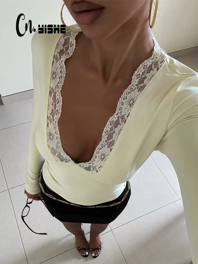 CNYISHE Lace Patchwork Solid Casual Women T-shirts Sexy Club Sheath Fashion V Neck Long Sleeve Female Basic Tops Tees Elastic 1