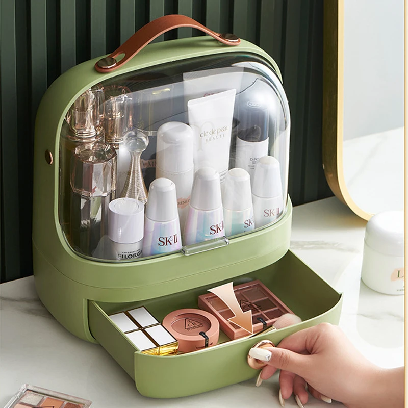 Fashion Green Luxury Cosmetics Storage Box Dressing Table Dustproof Makeup Organizer Case Desktop  Makeup Storage Holder Rack