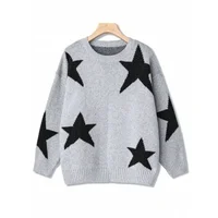 Plus Size 1XL-5XL New Women‘s Stars Jacquard Sweater Loose Long Sleeve Lady O-Neck Jumper Top