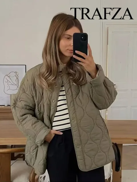 TRAFZA Autumn New Outerwear Solid Color Oversized Quilted Jacket