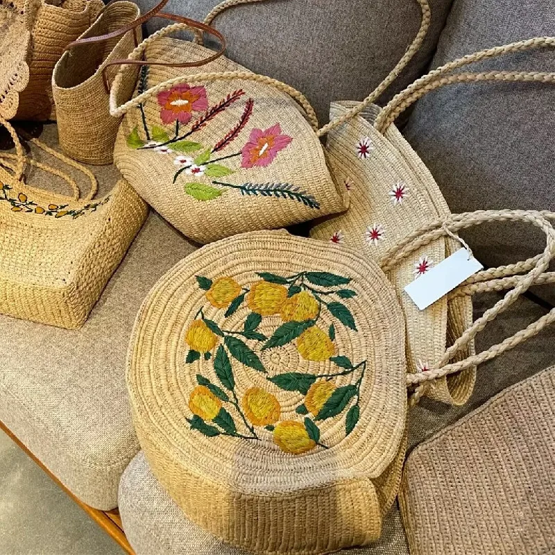 Fashion Lafite Lemon Pattern Straw Women Handbags Round Woven Hand Bags Handmade Summer Beach Bag Large Tote Purses