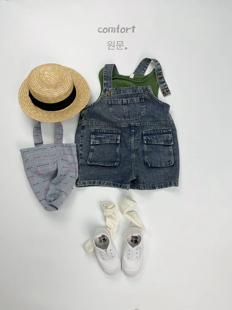 2025 Summer New Vintage Girls Overalls Kids Boys Pocket Denim Strap Pants Children Jeans Shorts Fashion Baby Clothes