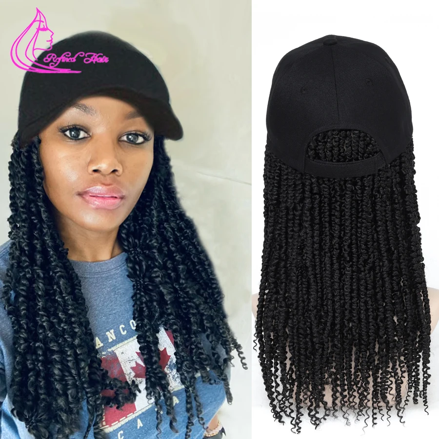 

Baseball Cap with Pre-twisted Passion Twist Hair for Black Woman Girls Ombre Brown Burgundy Color Hat Wig For Black Woman