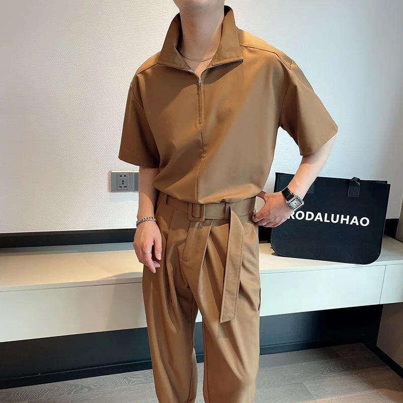 

Two-piece Lapel T-shirts Set Oversize Loose All-match Top Trousers Solid Short Sleeve Business Casual Summer Men's Clothes Thin