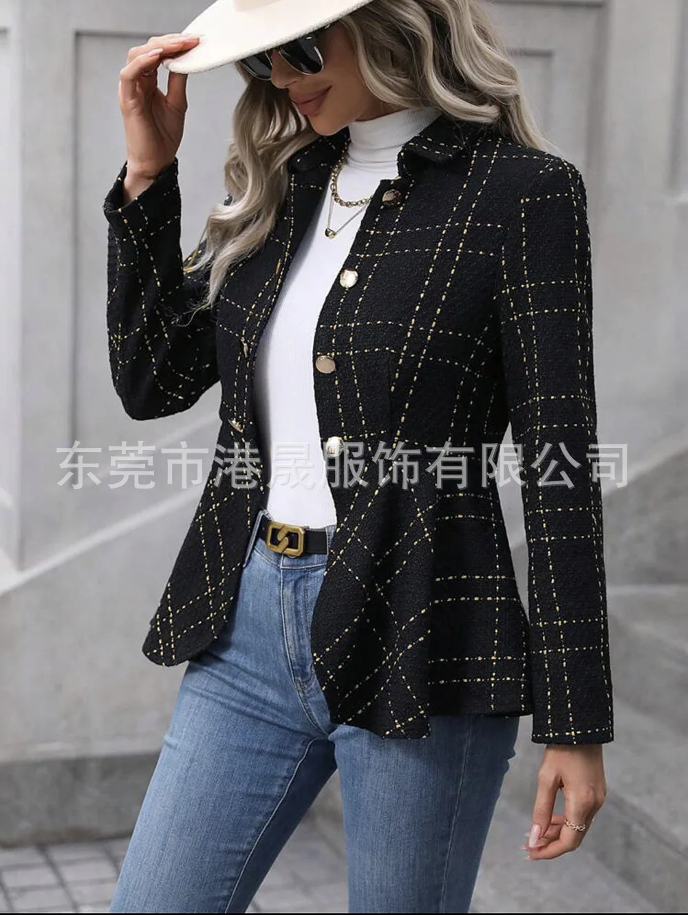Description Picture 5 of itemFashion Lapel Jacquard Ruffled Long Sleeve Women's Coat New Autumn Winter Slim Double Breasted Elegant Female Office Suit Jacket
