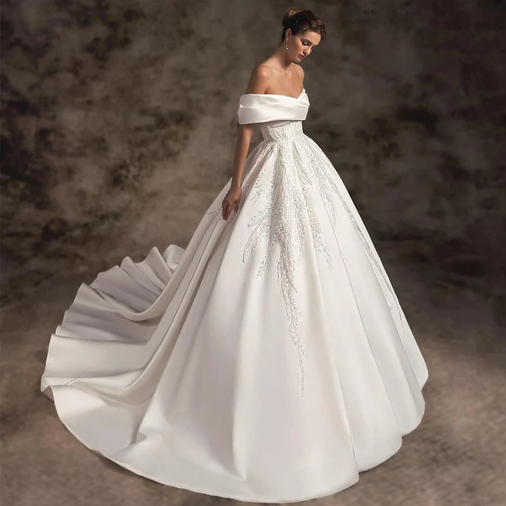 

Beaded Satin Dropped Sleeve Wedding Dress Backless Bride Church Formal Marriage Bridal Robe Custom High-End Vestido De Novia