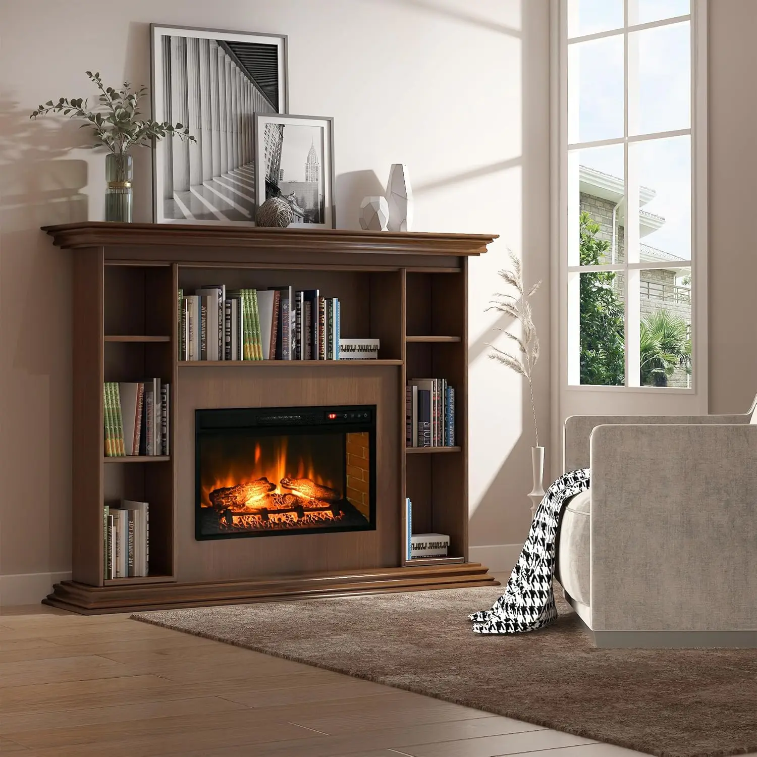 Electric Fireplace Insert, Retro Recessed Fireplace Heater with Realistic Log Flame, Remote Control, and Adjustable Brightness 2