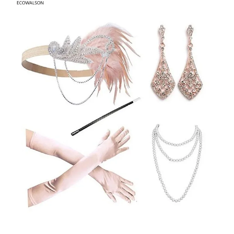

Champagne 1920s Accessories Set Vintage Peacock Feather Hair Band Suit Headdress Necklace Gloves Cigarette Great Gatsby set 30
