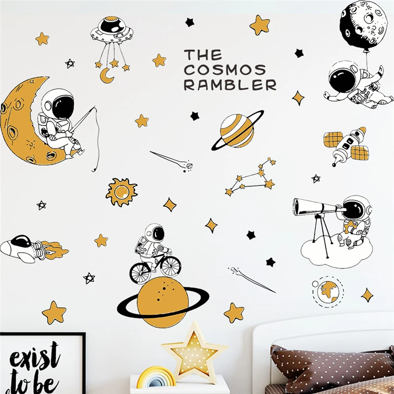 

Cartoon Astronaut Cosmos Rambler Wall Stickers For Kids Bedroom Home Decoration Planet Star Mural Art Pvc Decals Space Posters