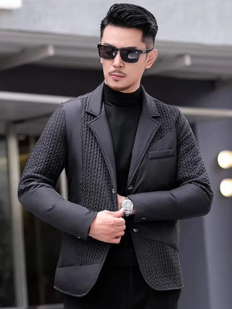 New Designer Men Business Work Down Jacket Slim Fit Blazer Suit Coat Winter Single Breasted Thick Warm White Duck Down Jacket