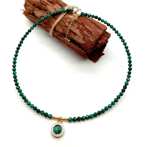Green Faceted Malachite Choke Charm Necklace 17"