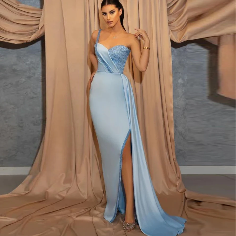 

Elegant Sky Blue Evening Dresses Mermaid Sexy Side Split Sleeveless Off Shoulder Formal Fashion Celebrity Prom Gowns Party 2023