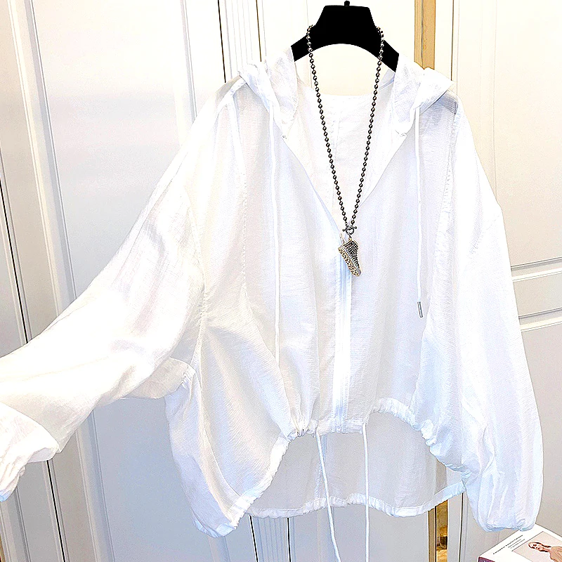 

Women Loose Hooded Jacket See Through Sunscreen Sun Protection Coats Lightweight Clothes Zipper Up Ultra-thin Summer Breathable