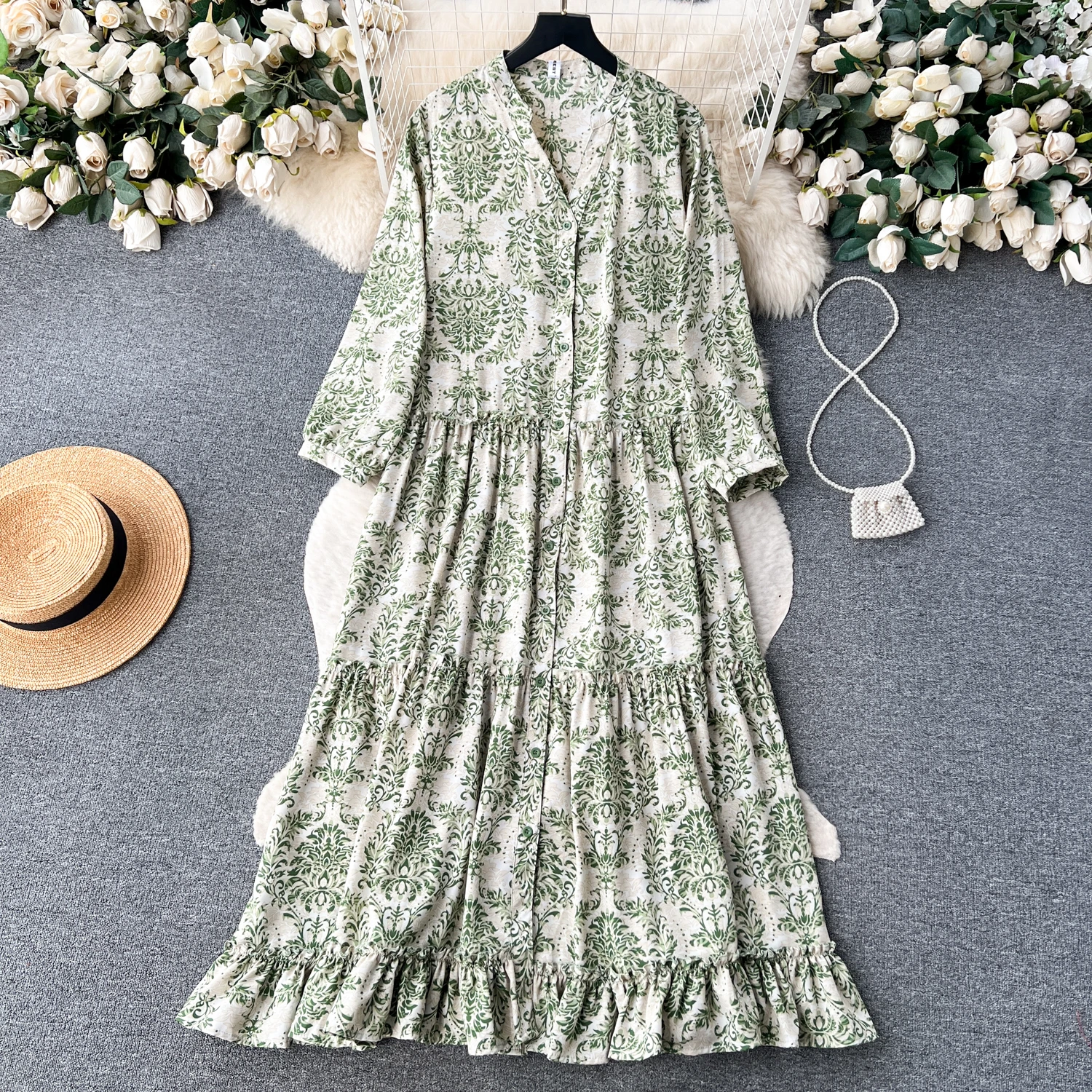 

Clothland Women Vintage Paisley Print Shirt Dress V Neck Long Sleeve One Piece Retro Midi Dresses Vestido Mujer QD068