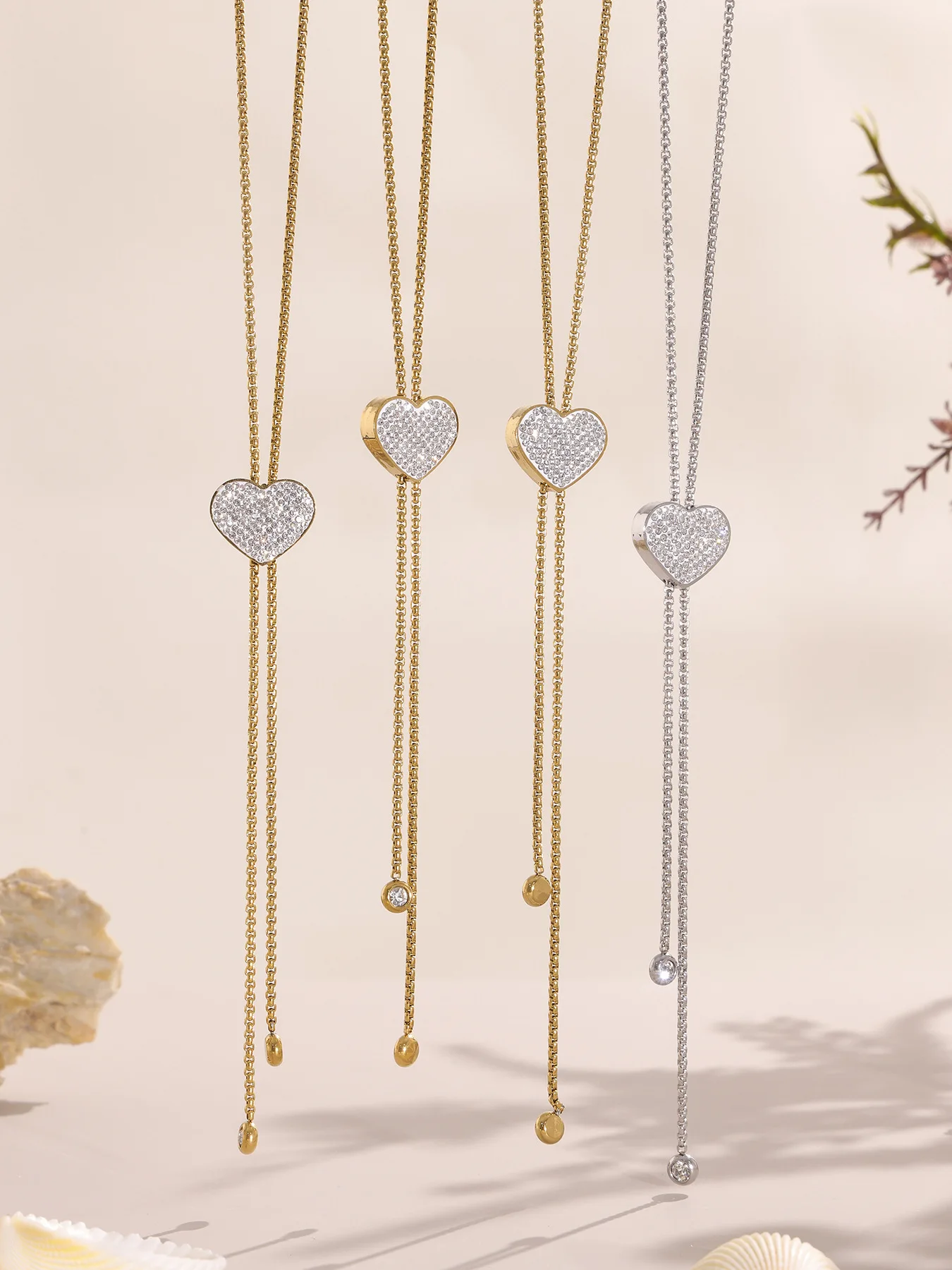 Glänzende Herz Zirkon Intarsien Anhänger Lange Halskette Für Frauen Edelstahl Wasserdicht Einstellbar Schlüsselbein Halsband Pullover Schmuck – Detail 9