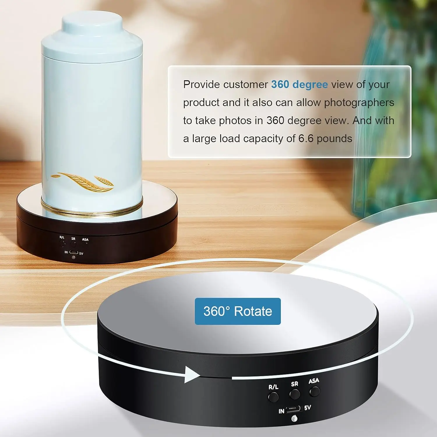 Motorized 360° Rotating Display Stand with USB Power – Black