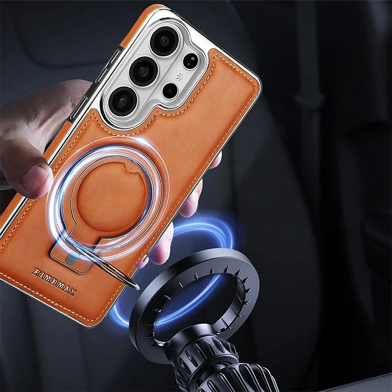 Premium Rotating Bracket Leather Case with Magnetic Wireless Charging and Shockproof Protection