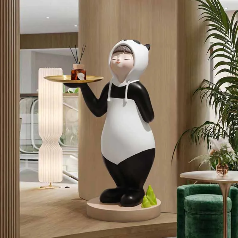 

Home Decor Panda Girl Large Floor Decoration Accessories Figurines for Interior Nordic Resin Cartoon Floor Ornament Tray Statues