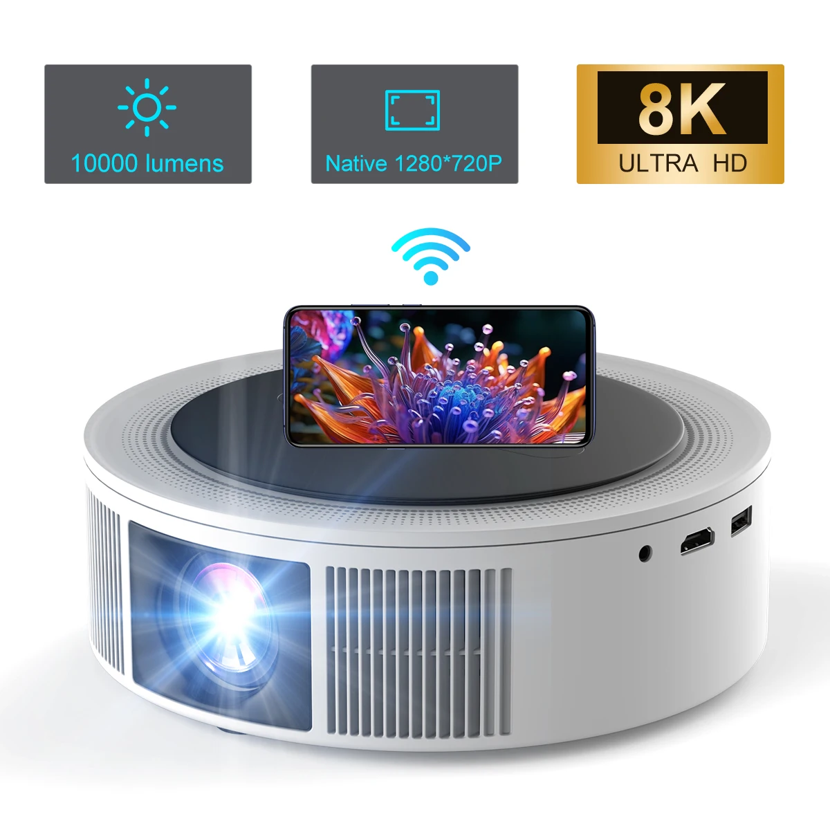 Projector with WiFi and Bluetooth Native 1080P 8K Supported for USB/iOS/Android/TV Stick/Laptop/U.S. Plug