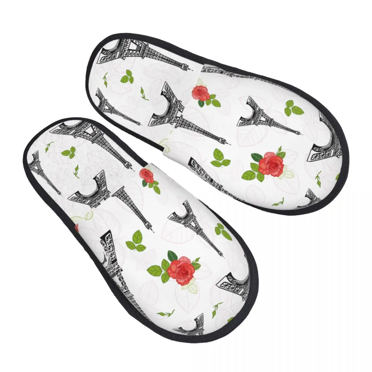 

Winter Women Men Non-Slip Flat Slippers Black Eifel Tower Paris And Red Roses Flowers Indoor Fur Soft Warm Shoes