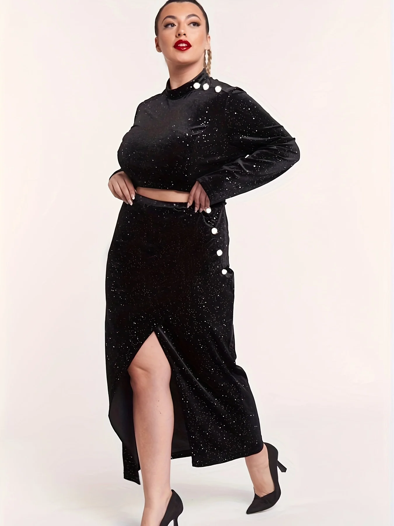 플러스 사이즈 우아한 여성용 반짝이 벨벳 장식, 긴팔 라운드넥, 슬림핏 크롭탑, 스플릿 밑단, 바디콘 의상, 투피스 세트 