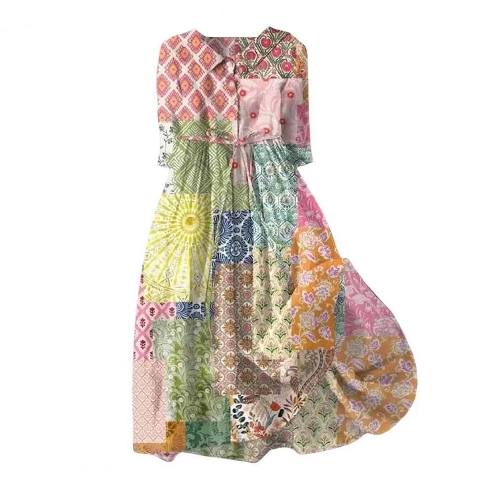 

Elegant Women Summer Dress Colorful Printing Short Sleeves A-line Pleated High Belted Waist Half Single-breasted Midi Dress