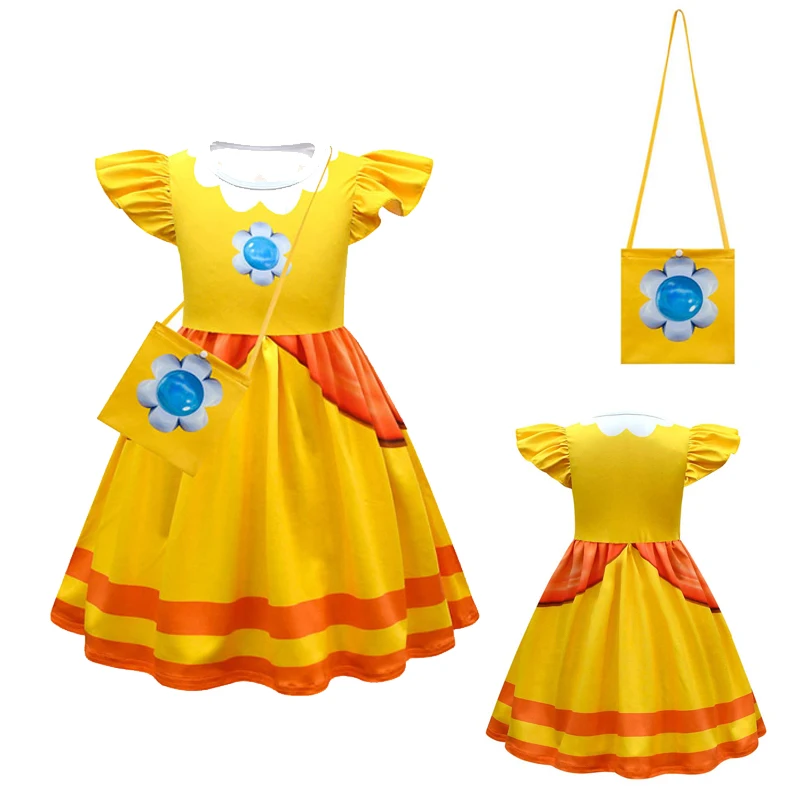 

Princess Cos Peach Cosplay Kids Costume Dress Outfits Girls Sweet Skirts Cute Bags Halloween Carnival Party Role Play Suit