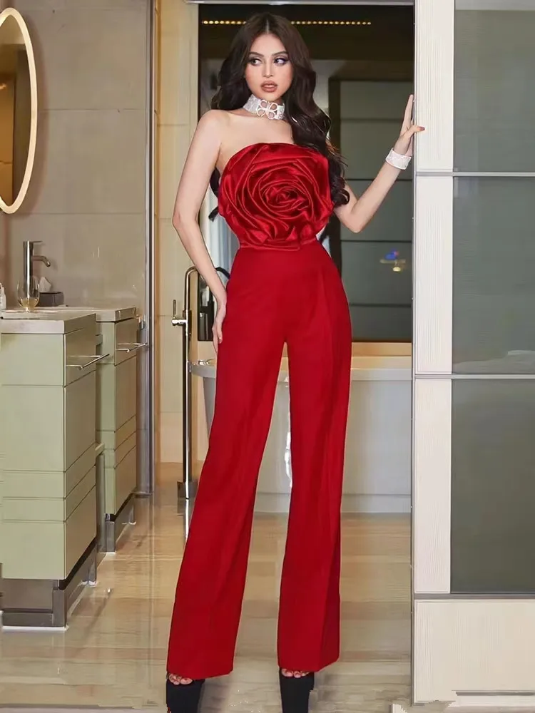 

Women's Pants Suits Fashion Three-Dimensional Rose Strapless Short Tops + High Waist Straight Full Length 2 Pieces Sets 2023 New