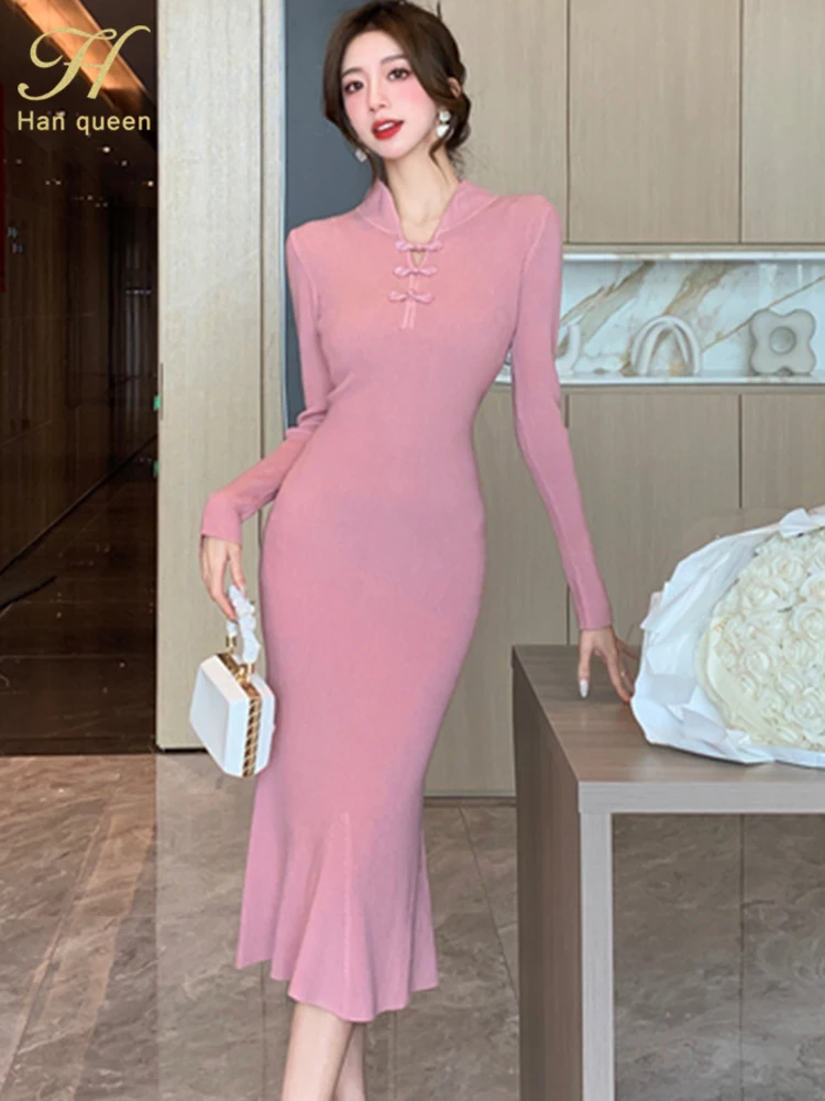 H-Han-Queen-Women-2023-Autumn-OL-Work-Dress-Simple-Slim-Bodycon ...