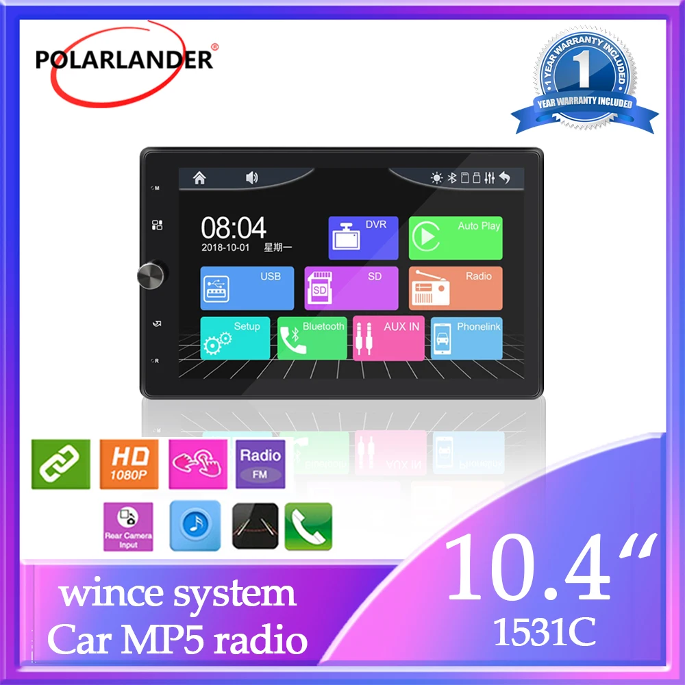 

Car Stereo Type-C Charging Multimedia Player Wired Carplay Android Auto 1 Din 10.4" Bluetooth FM/AM/RDS 360° Screen Adjustment