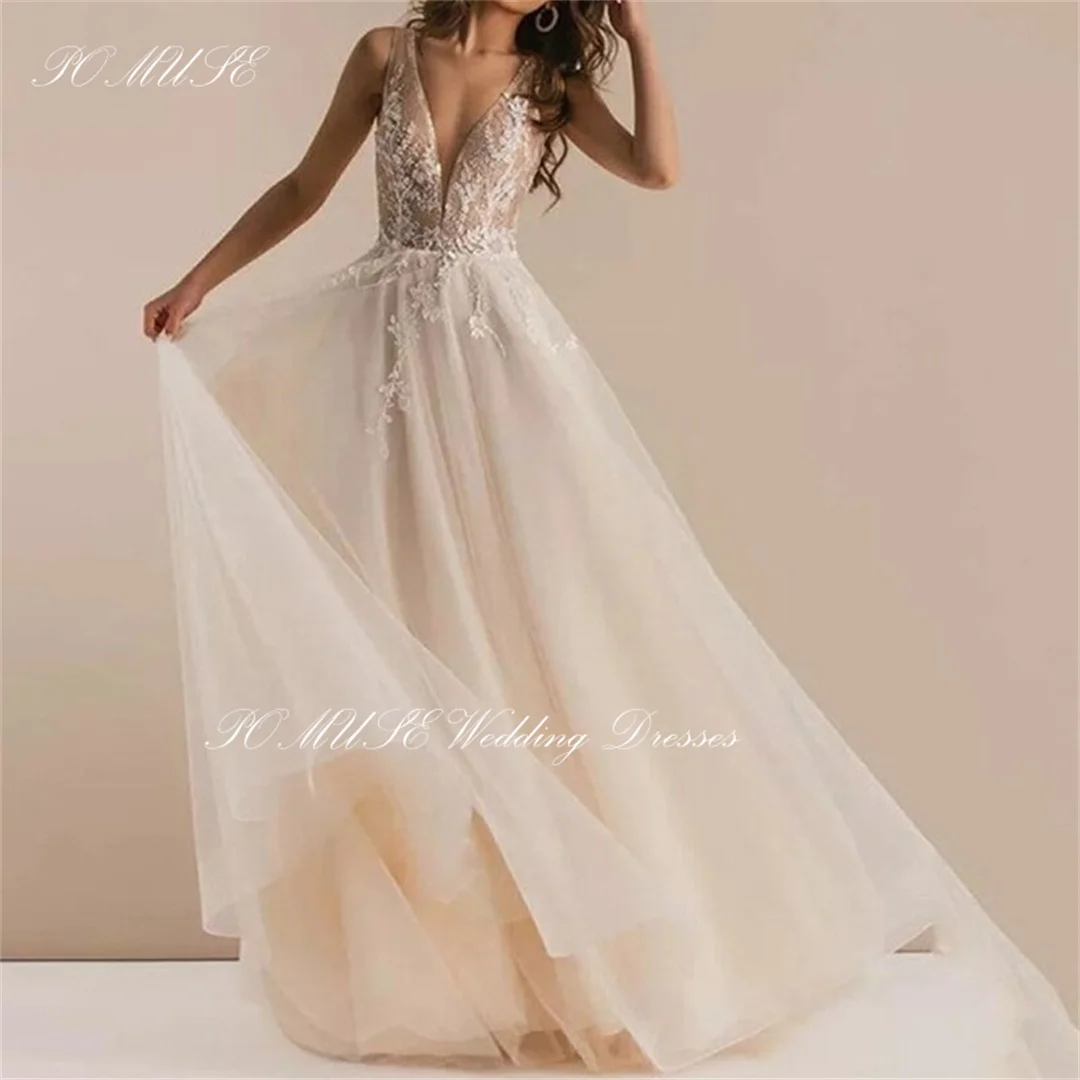 

POMUSE Boho Wedding Dress A-Line Country Sleeveless Applique Beach Wedding Bride Gown Custom Made Vestido De Novia for Women