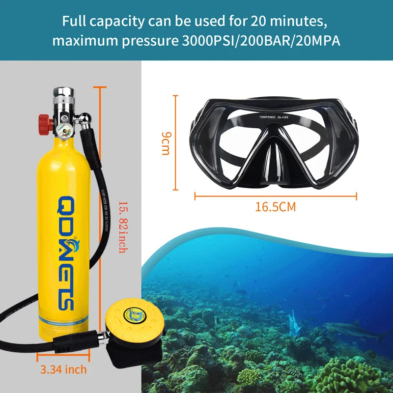 1L Diving Tank Equipment Mini Scuba Diving Tank Cylinder High Pressure Air tank with 15-20 Minutes Lung