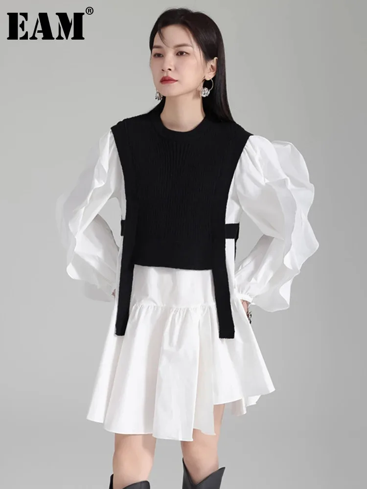 

[EAM] Mini Ruffles Shirt Dress Two Pieces Suit New Round Neck Long Sleeve Stripe Women Fashion Tide Spring Autumn 2024 1DH3152