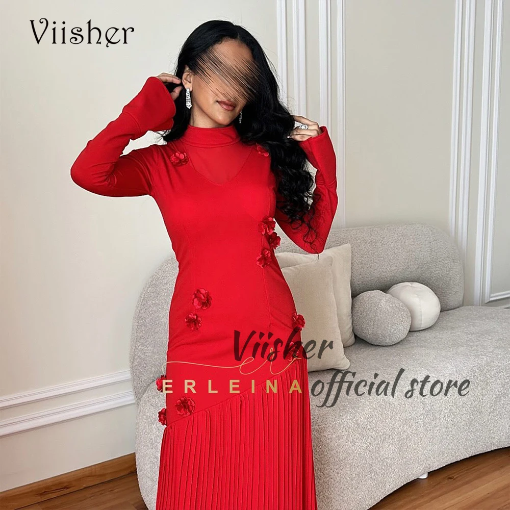 

Viisher Red Mermaid Evening Dresses High Neck Long Sleeve Wedding Party Dress with Flower Arabian Dubai Formal Prom Gown