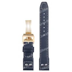 Elegant Leather Watch Strap with Folding Buckle - Premium Cowhide Bracelet - 22mm (Blue - gold)