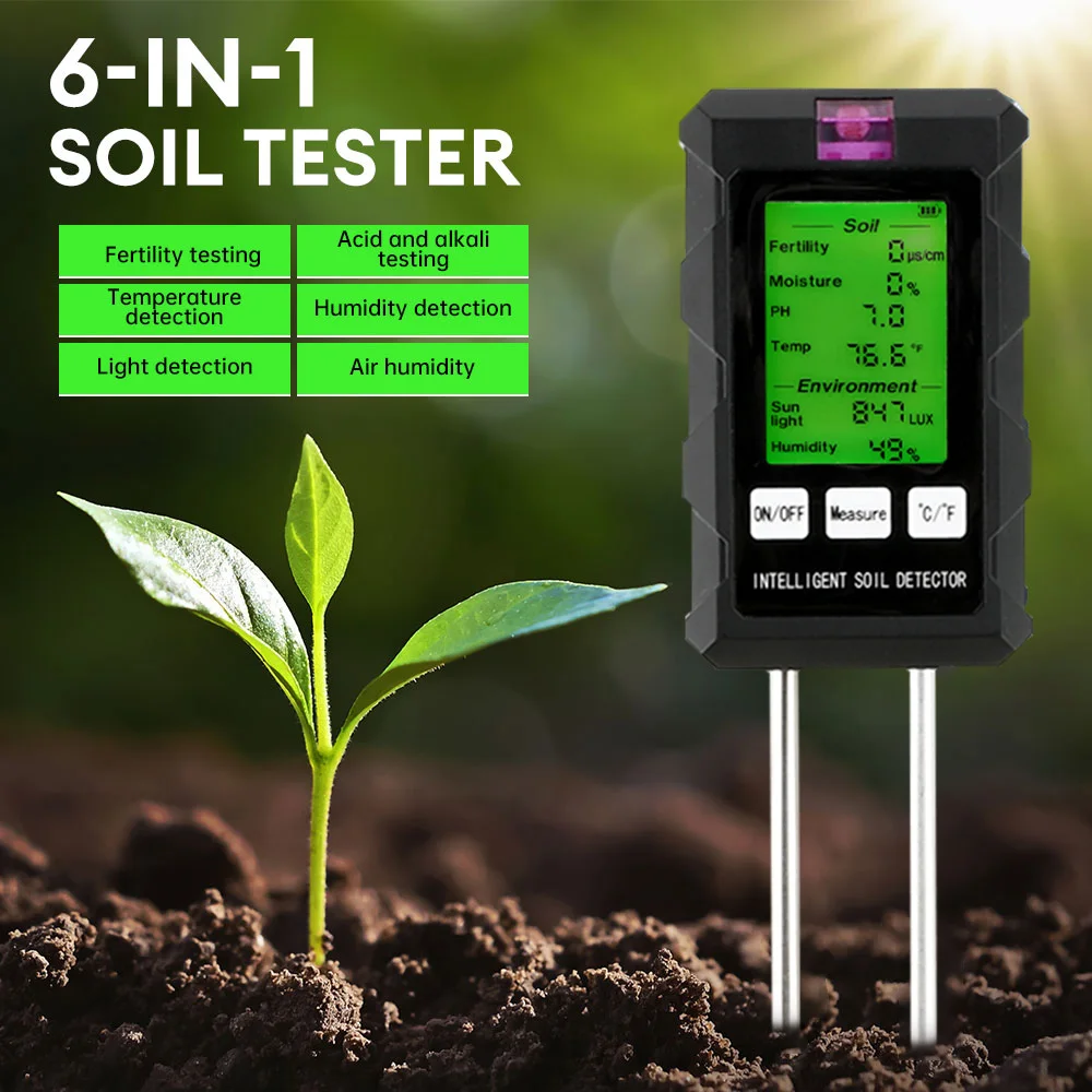 6-in-1 Soil Tester For pH Moisture Light Temperature Fertility Humidity/Rotatable Screen/Battery Powered