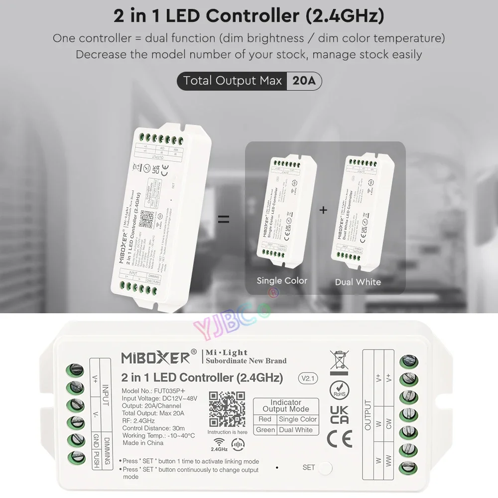 Miboxer 20A High Current Output 2/3 in 1 LED Strip Controller 12V 24V Single Color/Dual White/RGB/RGBW/RGB CCT Light Tape Dimmer