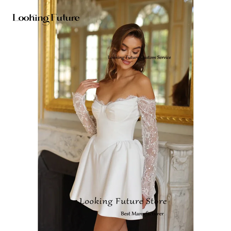 Simple Mini Lace Wedding Dress Vintage Strapless Formal Pleat Off Shoulder Sequined Ball Gowns Sexy Backless Lace Up Customized 15 Sd467b67790324c598f5788a35af35e49N