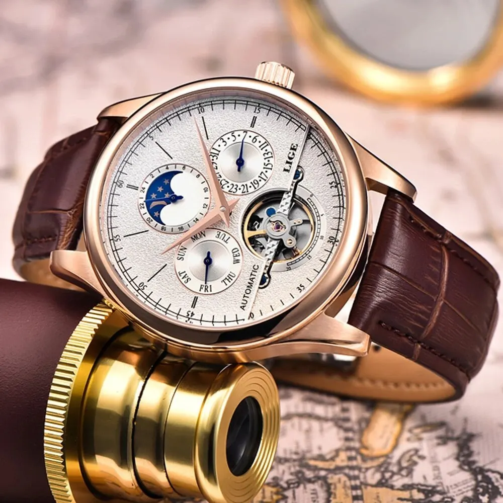 LIGE muži hodinky automatický mechanická hodinky tourbillon hodiny originální kůže vodotěsný hodinky muži vojenství náramkové hodinky muž