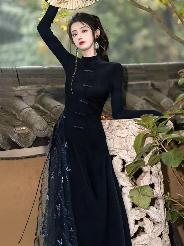 green emerald velvet dress Original National Brand Autumn and Winter Lolita Spring Dawn Chinese Style Short Vest New Year Red Robe Long Sleeve Op Cheongsam Dress Embroidered main image 0