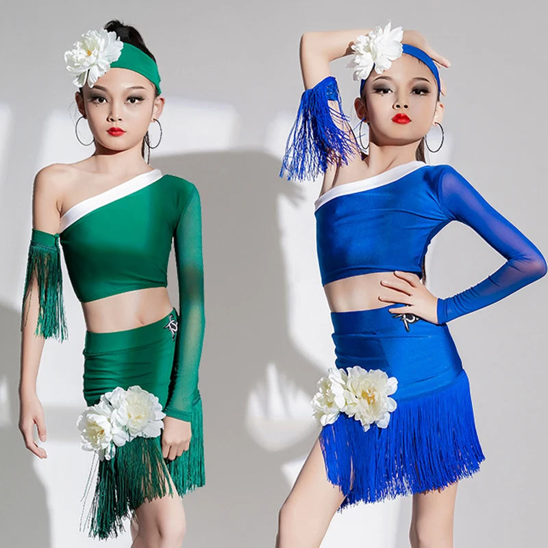 Children'S Latin Dance Costume Girls Single Sleeves Top Fringes Skirts
